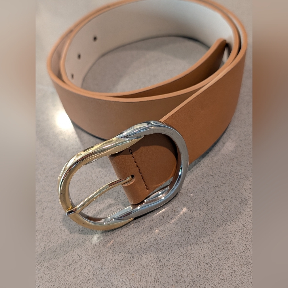 Women's Tan Leather Belt with Mixed Metal Buckle